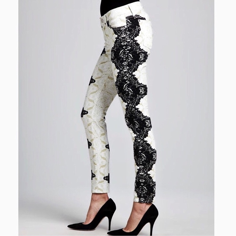 7FAM lace pattern printed color block skinny jeans - Picture 4 of 8